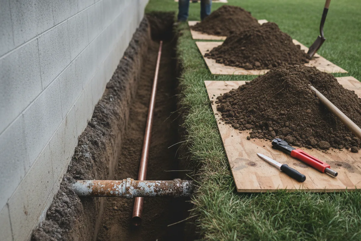 Excavated water line trench during Sewer Line Repair in East Petersburg